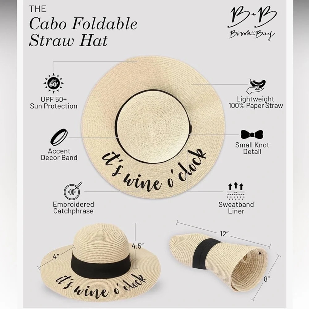 Stylish Cream with Black Embroidered Accent Decor Band Foldable Straw Sun Hat